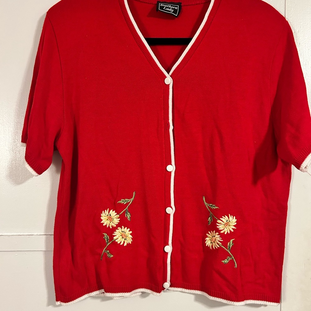 Southern Lady Vintage Red Embroidered Flower Cardigan - Women’s Medium